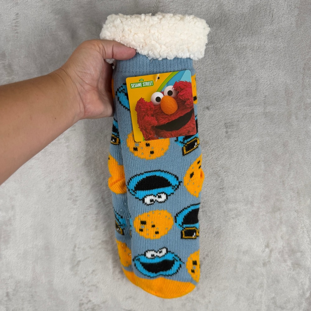 Sesame Street Cookie Monster Sherpa Lined Slipper Socks Blue One Size NWT